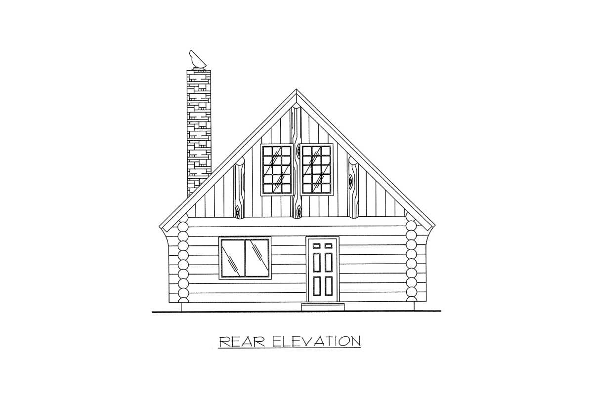 Rear elevation of log cabin house plan featuring gabled roof, prominent chimney, and multiple windows.