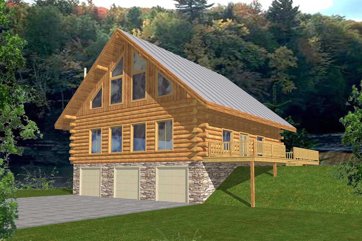 Log cabin house plan exterior with metal roof, large gabled dormer, wraparound deck, and three-car garage.