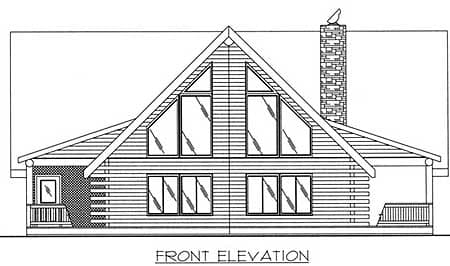 Front elevation drawing of a log home with a prominent gable, multiple large windows, a stone chimney, and a covered porch.