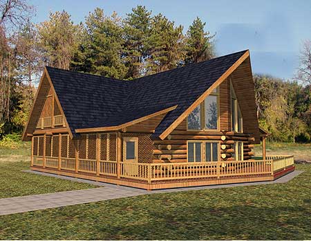 Log home exterior with wraparound porch, prominent A-frame gable, and multi-story A-frame window.