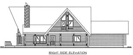 Log home house plan right side elevation with prominent gable, large chimney, and wraparound porch.
