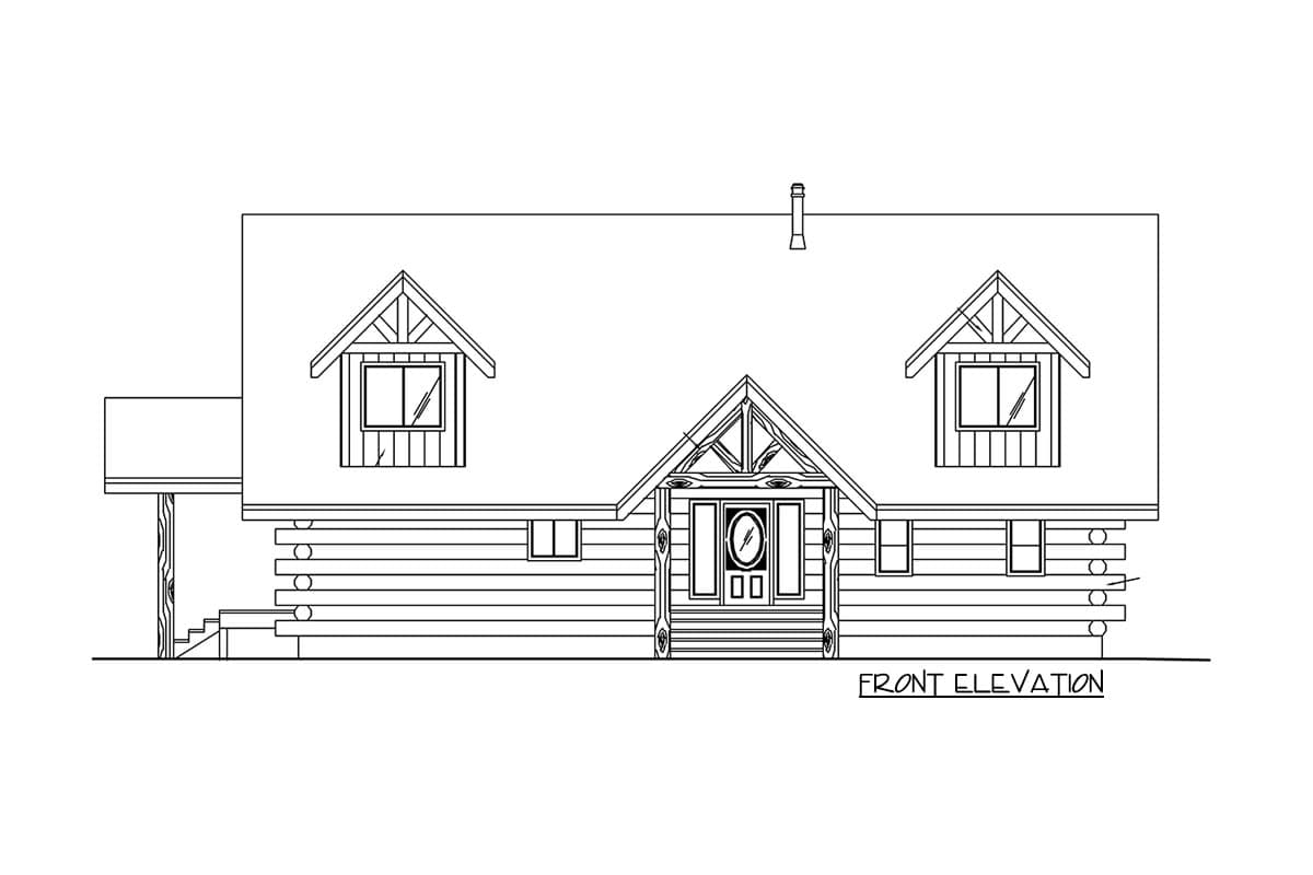 Front elevation house plan drawing of a log home with a prominent gabled entrance, dormers, and a covered porch.