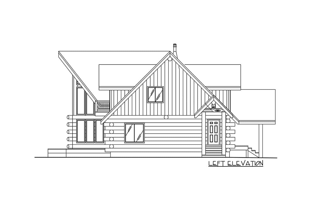 Left elevation drawing of a log house plan with a prominent gable, dormer window, and covered entry.