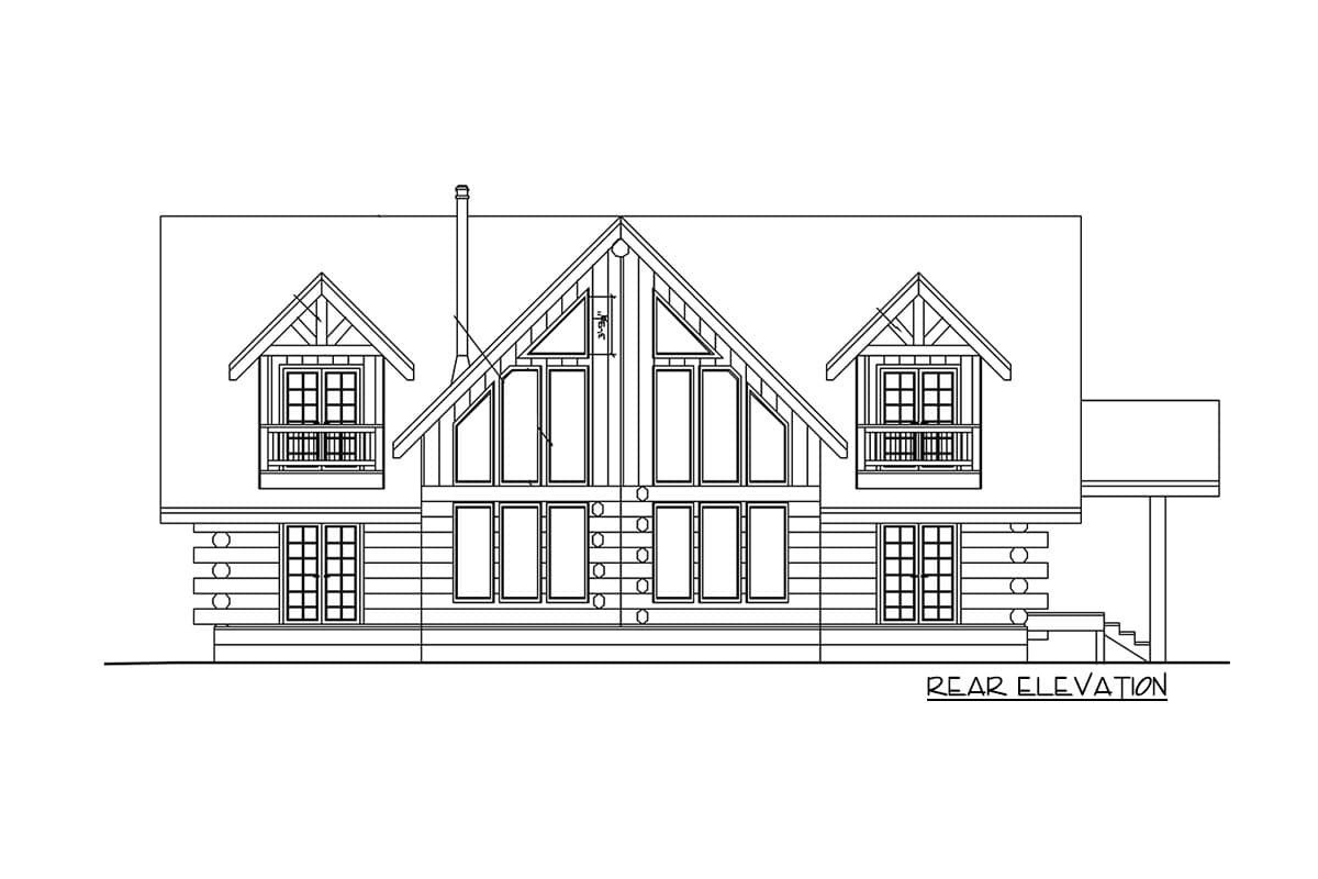 Rear elevation house plan with gabled dormers, large central windows, and log siding.