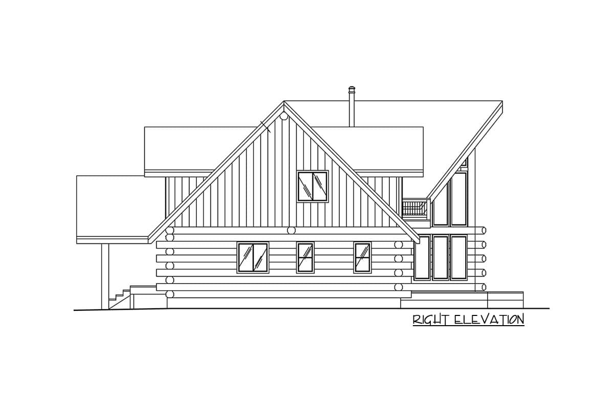 Right elevation drawing of a log cabin house plan with a prominent gable, multiple windows, and a covered entrance.