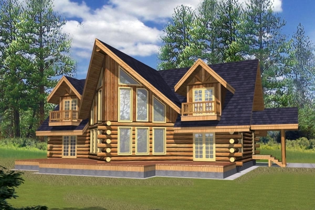 House plan exterior. Two-story log cabin with a gable roof, dormers with balconies, and a covered porch. Large, multi-pane windows.