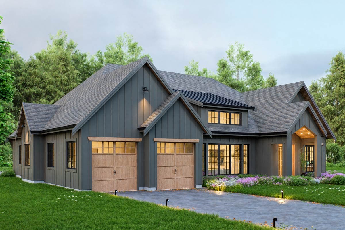 Modern Farmhouse house plan exterior with dual garage doors, board and batten siding, and prominent gables.
