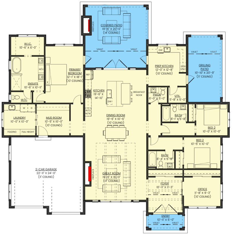 Plan 330011WLE: New American Ranch Home Plan with Prep Kitchen and Grilling Patio - 2692 Sq Ft - Floor Plan - Main Level - Contemporary, Country, Craftsman, Mountain, New American