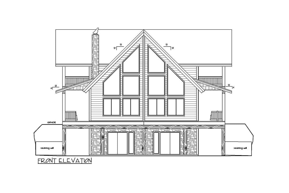 Front elevation drawing of house plan with multiple gables, large windows, chimney, and balcony levels.