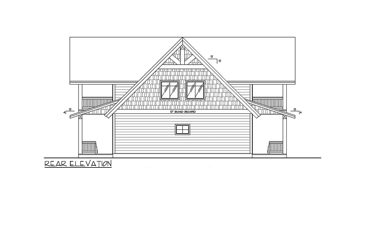 Rear elevation drawing of a two-story house plan featuring a prominent gable, dormer windows, and covered porches.