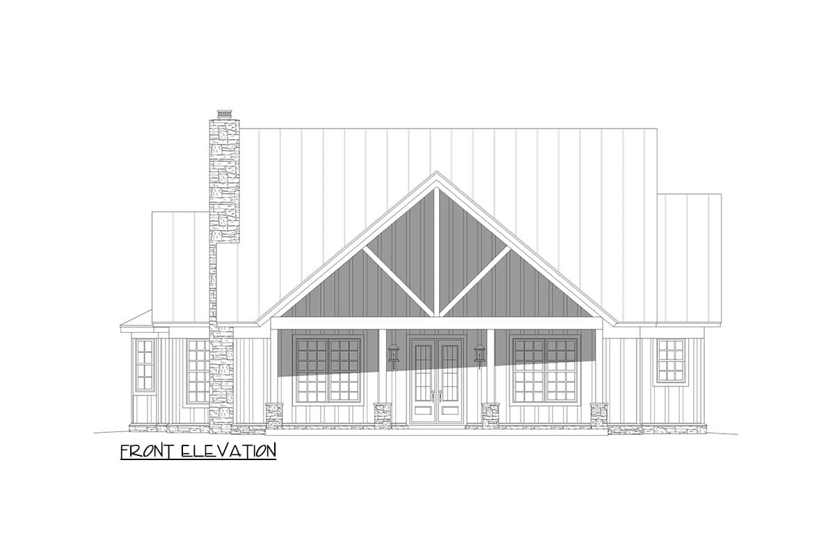 Front elevation house plan with a prominent gable, stone chimney, covered porch with double doors, and multiple windows.