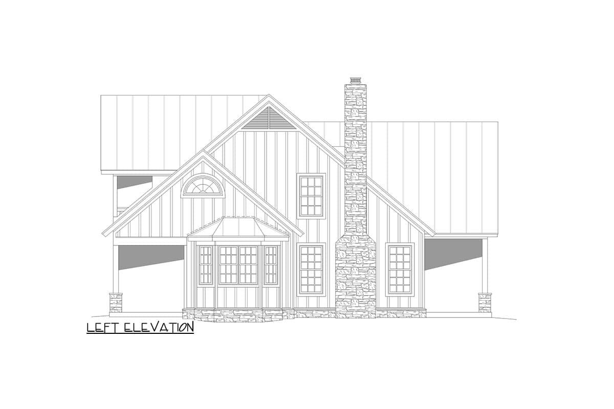 Left elevation house plan showing a gable roof, stone chimney, bay window, and covered porch.