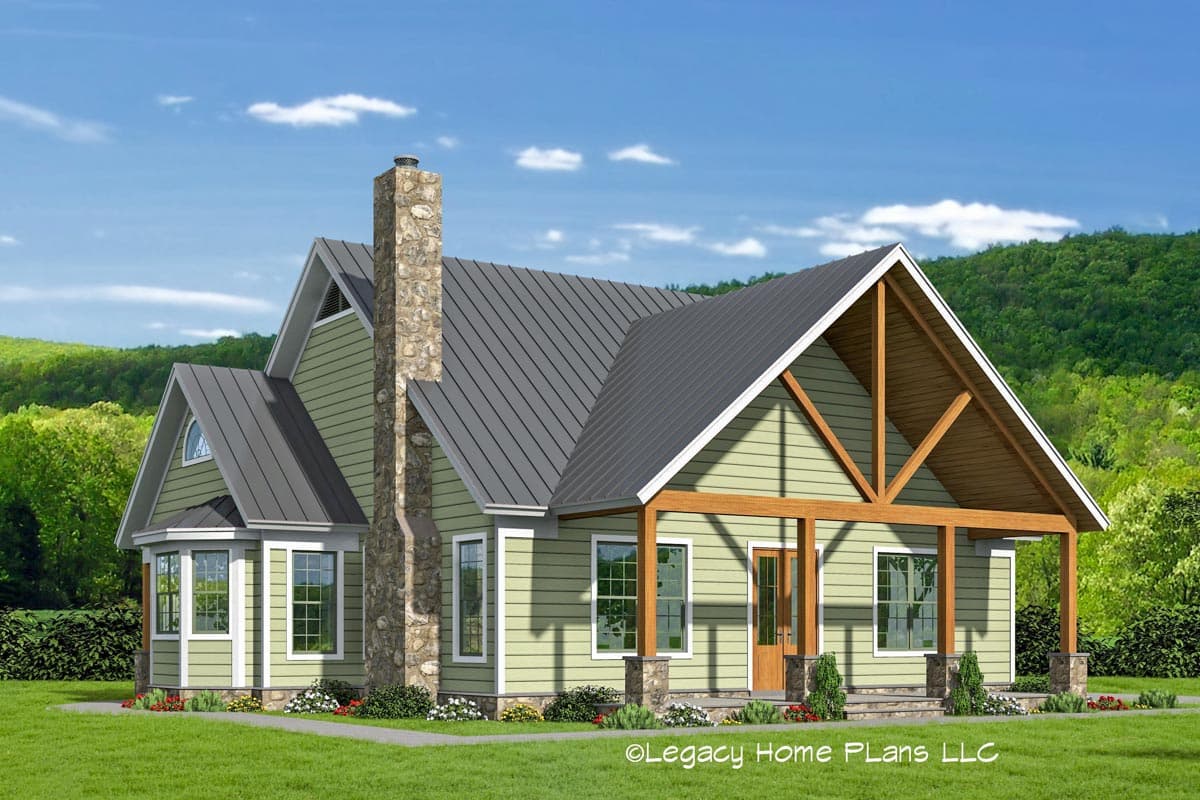 House plan exterior with Craftsman style, single story, stone chimney, front porch with exposed rafters, and multiple gables.