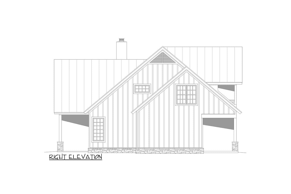 Right elevation house plan with board-and-batten siding, metal roof, dormer, and stone base.