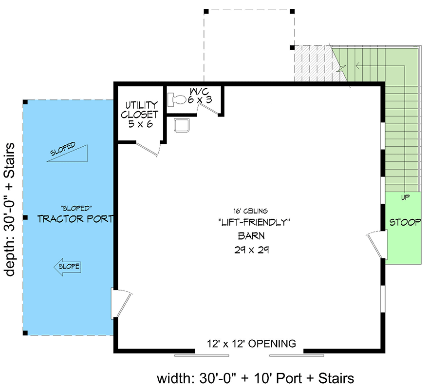 Plan 680132VR: Lift-Friendly Barn Plan with 613 Sq Ft Loft Apartment Above - Floor Plan - Main Level - Barndominium, Carriage, Country, Rustic, Traditional