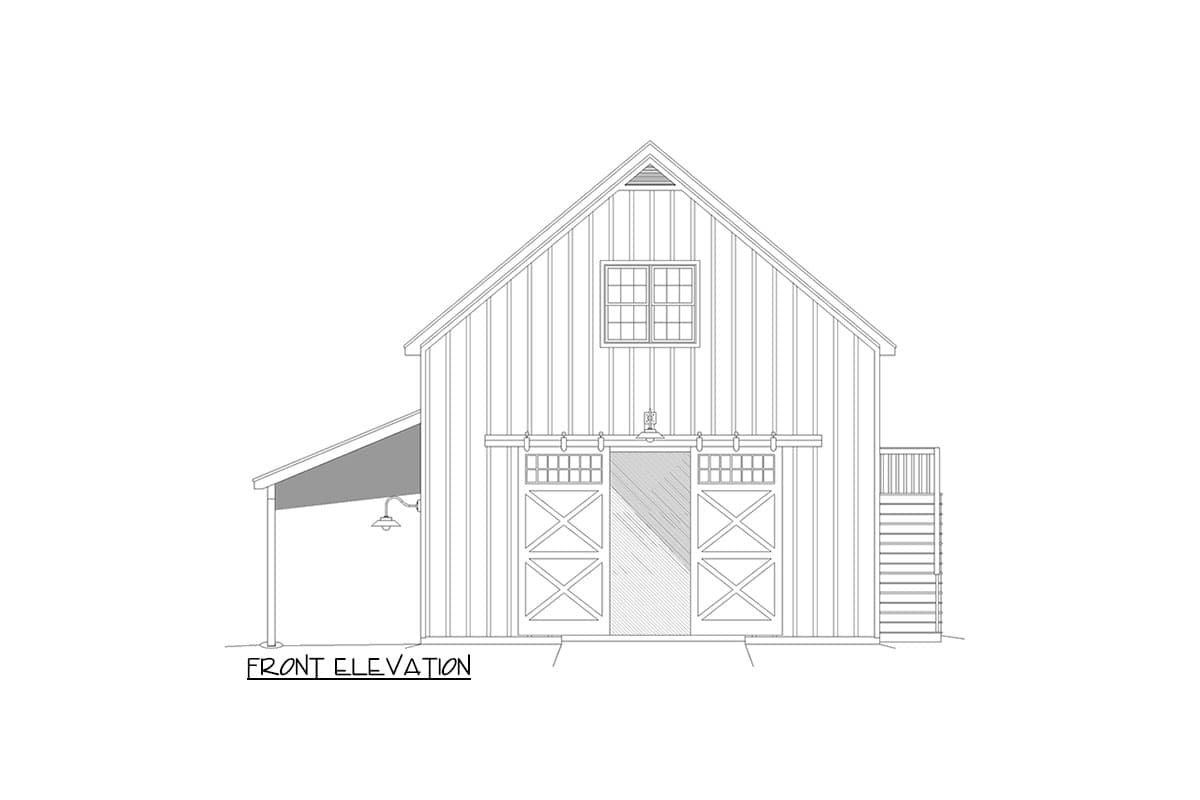 Front elevation house plan. Modern farmhouse style with vertical siding, gambrel roof, double barn doors, and a covered entryway.