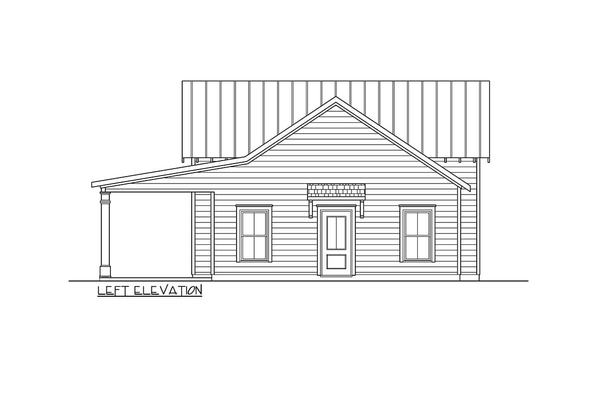 Left elevation drawing of a one-story house with a covered porch, double-door entry, and metal roof.