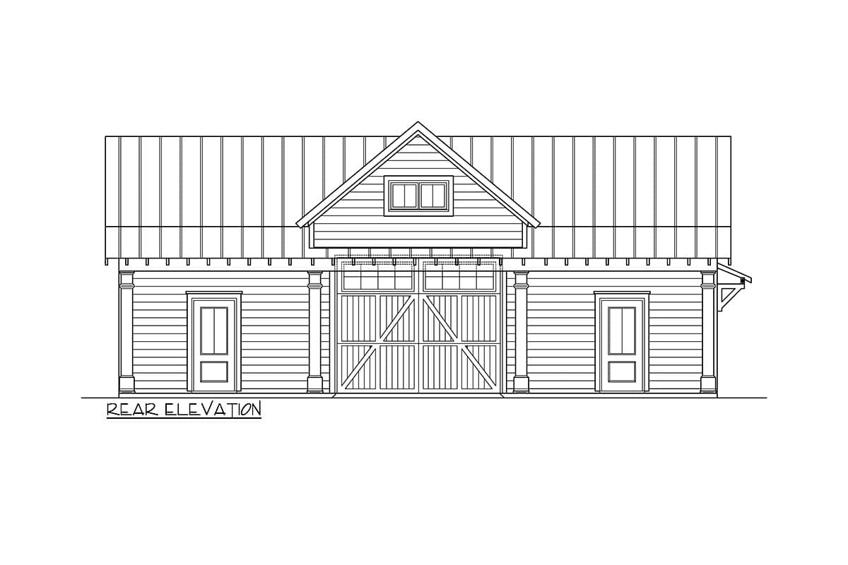 Rear elevation drawing of a house plan featuring a gambrel roof, central double barn doors, and two side doors.