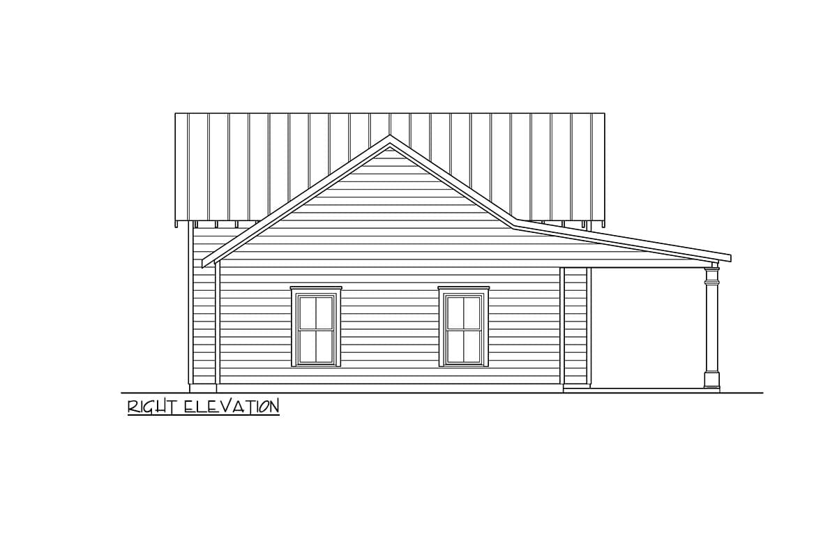 Right elevation house plan showing siding, two windows, a gable roof, and a covered porch with a square column.
