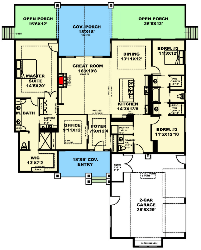 Plan 350035GH: One-level Farmhouse Plan with Vaulted Great Room - Floor Plan - Main Level - Country, Craftsman, Farmhouse, Modern Farmhouse, Ranch