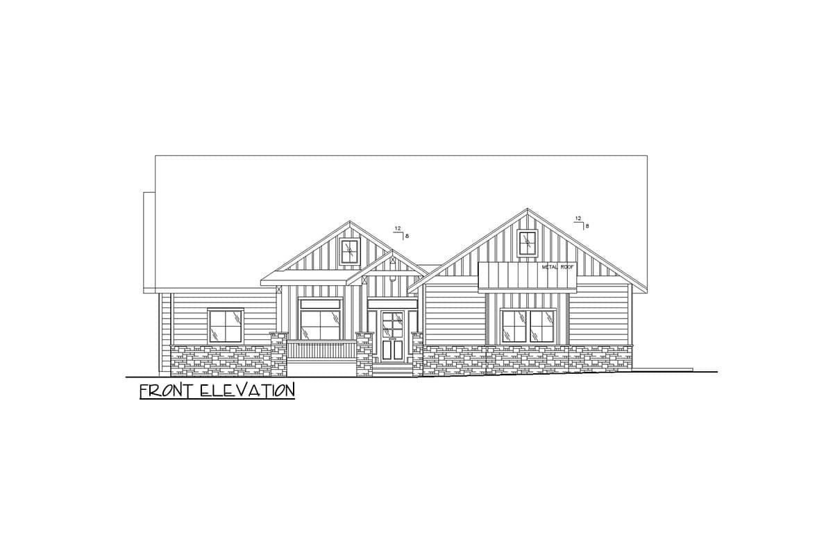 Front elevation house plan with stone base, covered porch, gabled dormers, and metal roof.