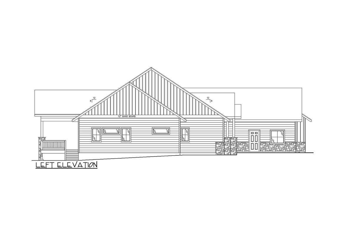 Left elevation house plan showing a single-story home with a prominent gable, covered porch, and stone accents.