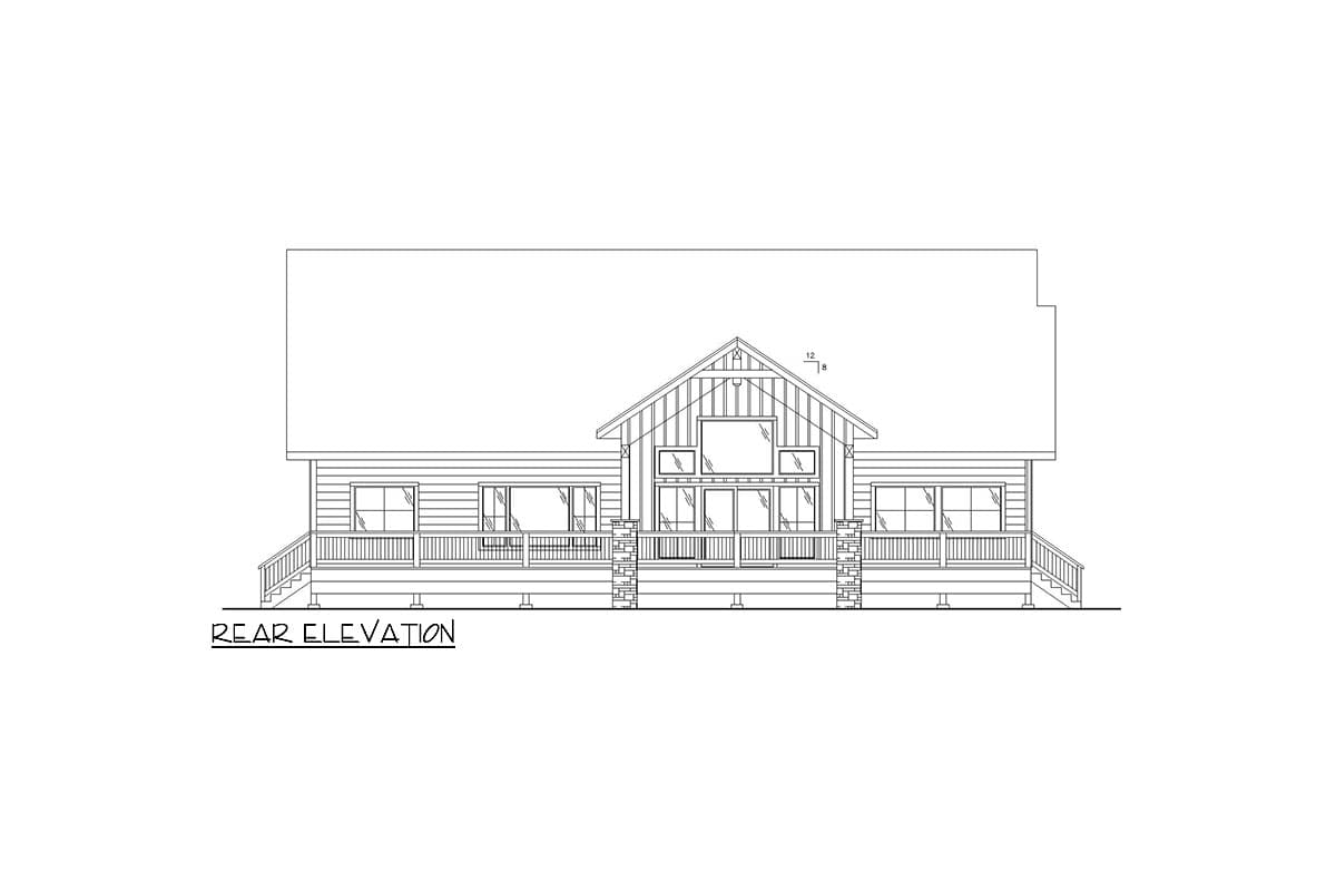 Rear elevation drawing of a house plan with a prominent gable, large windows, and a wraparound porch with stone supports.