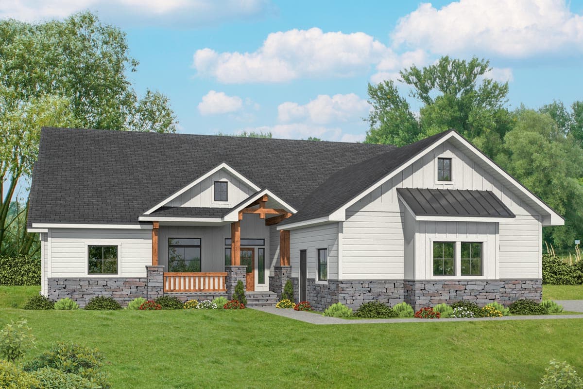 House plan exterior. A single-story, Modern Farmhouse style home with a front porch, gabled roof, and stone-clad foundation.