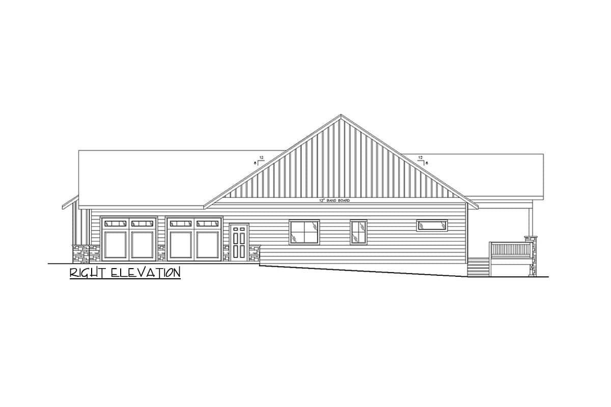 Right elevation drawing of a house plan featuring a three-car garage, gable, siding, and a covered porch.