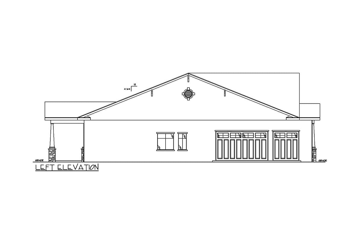 Left elevation house plan showing a single-story structure with a covered porch, gable vents, two windows, and a triple-door garage.