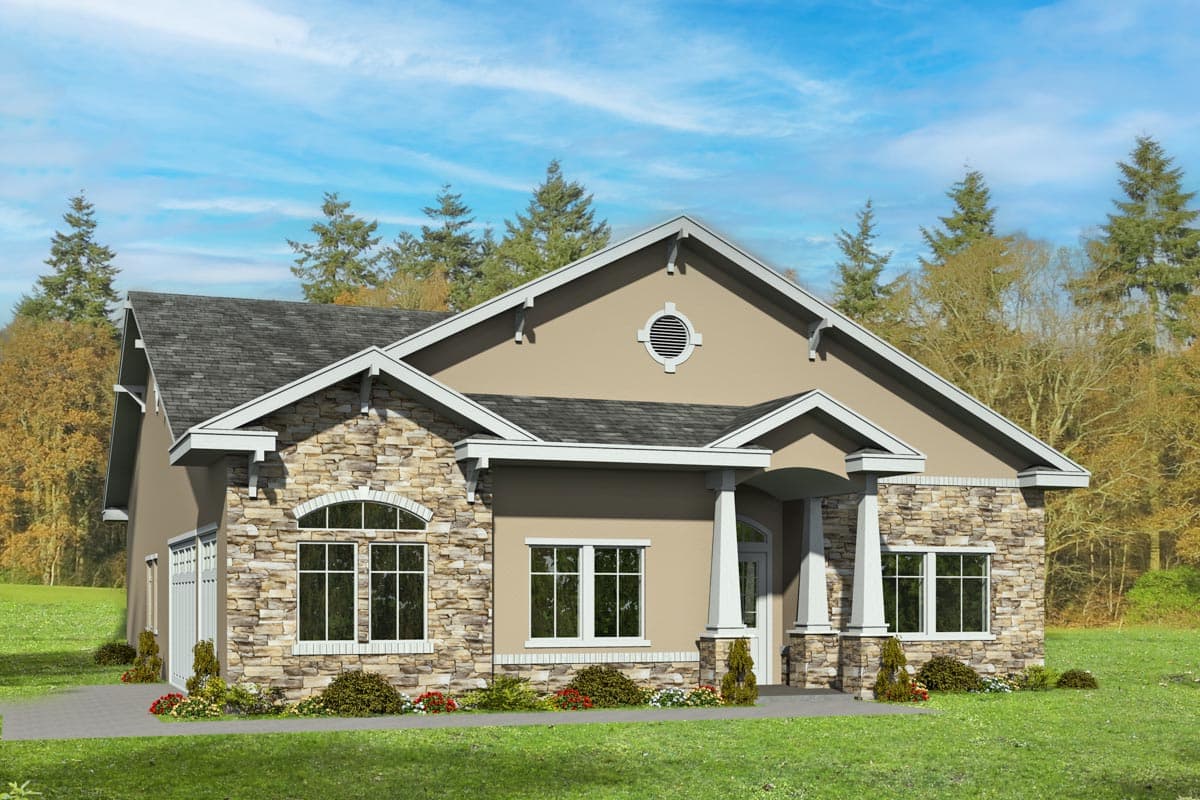House plan exterior featuring a one-story, Craftsman-style home. Exterior includes stone accents, gabled roof, and a covered front porch with columns.