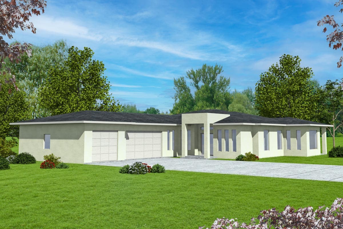 House plan exterior. Modern style, single-story home with attached two-car garage. Features a flat roof, large windows, and an entry portico.