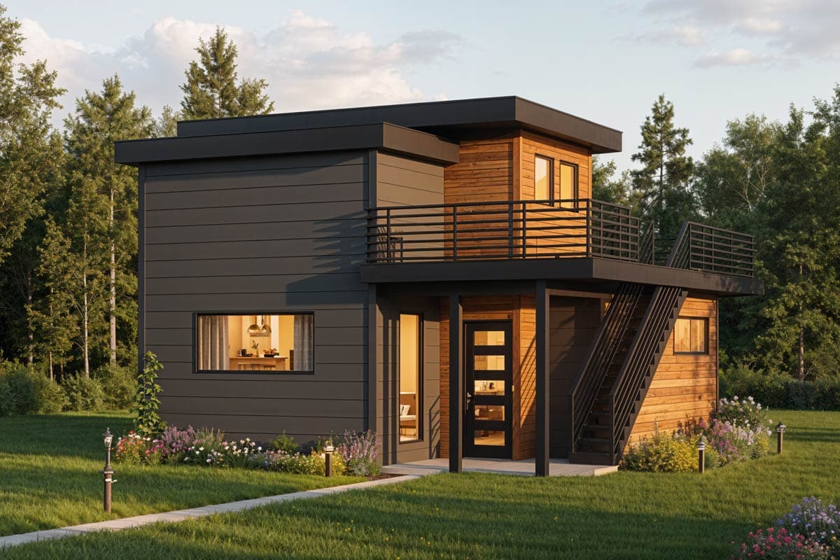 Modern two-story house plan exterior with horizontal siding, wood accents, and a cantilevered upper deck with exterior stairs.