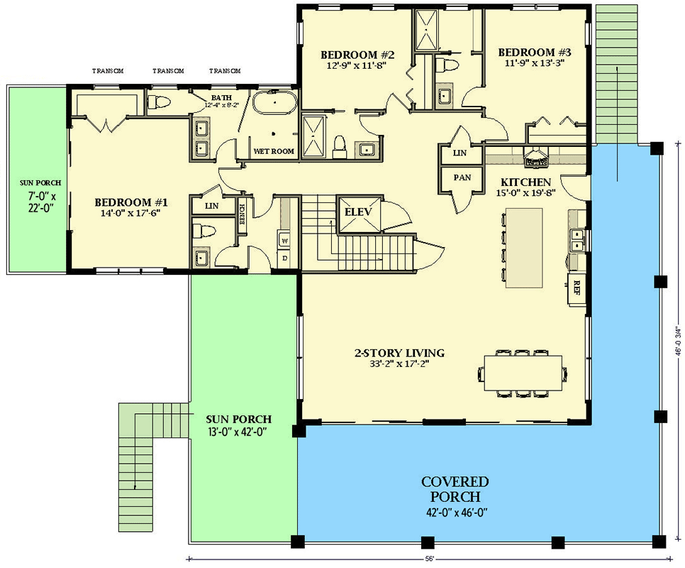 Plan 46487LA: 5-Bed Contemporary Beach House Plan with Ground Level Parking and Elevator - Floor Plan - Main Level - Beach, Coastal, Contemporary, Low Country