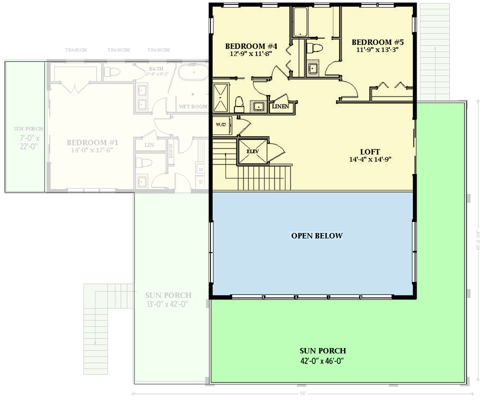 Plan 46487LA: 5-Bed Contemporary Beach House Plan with Ground Level Parking and Elevator - Floor Plan - 2nd Floor - Beach, Coastal, Contemporary, Low Country