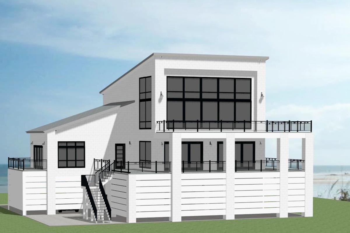 House plan exterior. Modern style, two-story home with balcony, multiple rooflines, and a raised foundation with stairs.