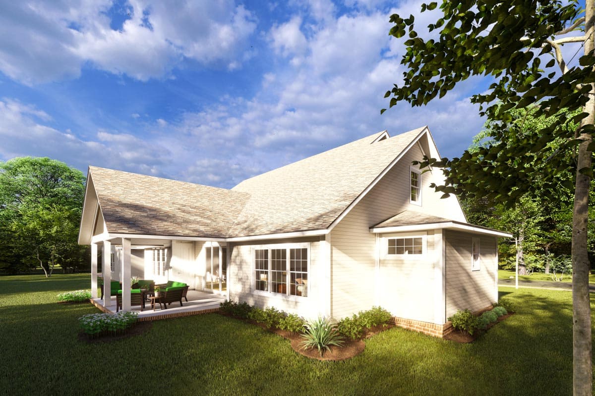 House plan exterior view of a two-story home with a covered porch, gables, and multiple windows.