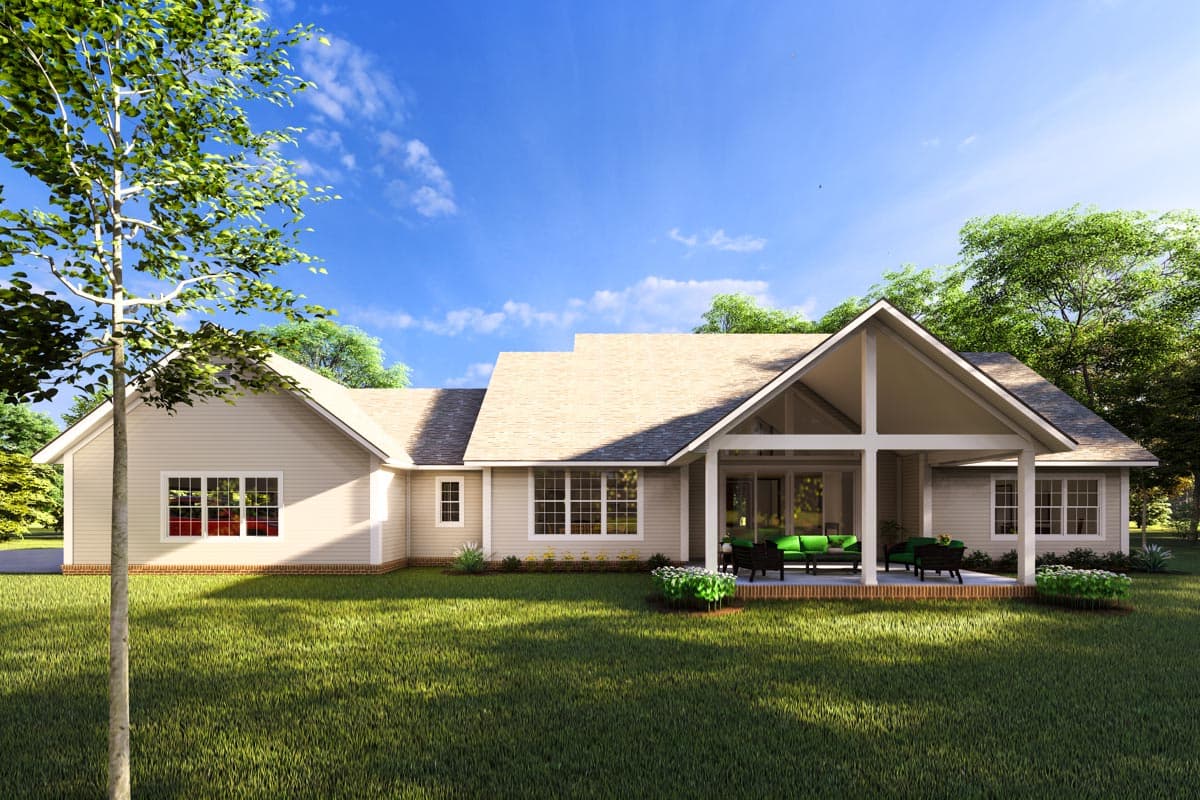 Ranch style house plan exterior with gabled covered porch, numerous windows, and horizontal siding.