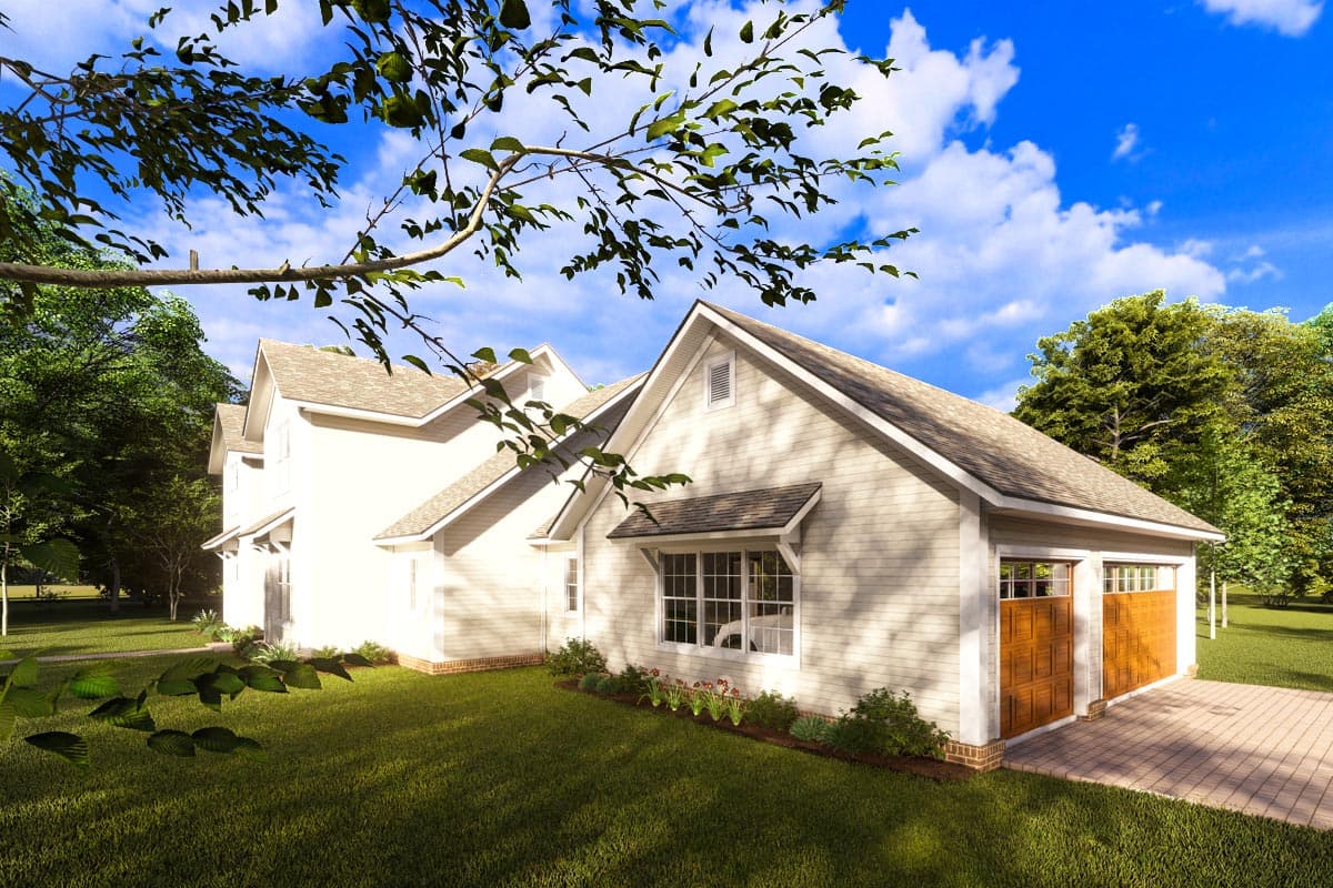House plan exterior, two-story home with gables, dormers, and a side-facing garage with wood doors.