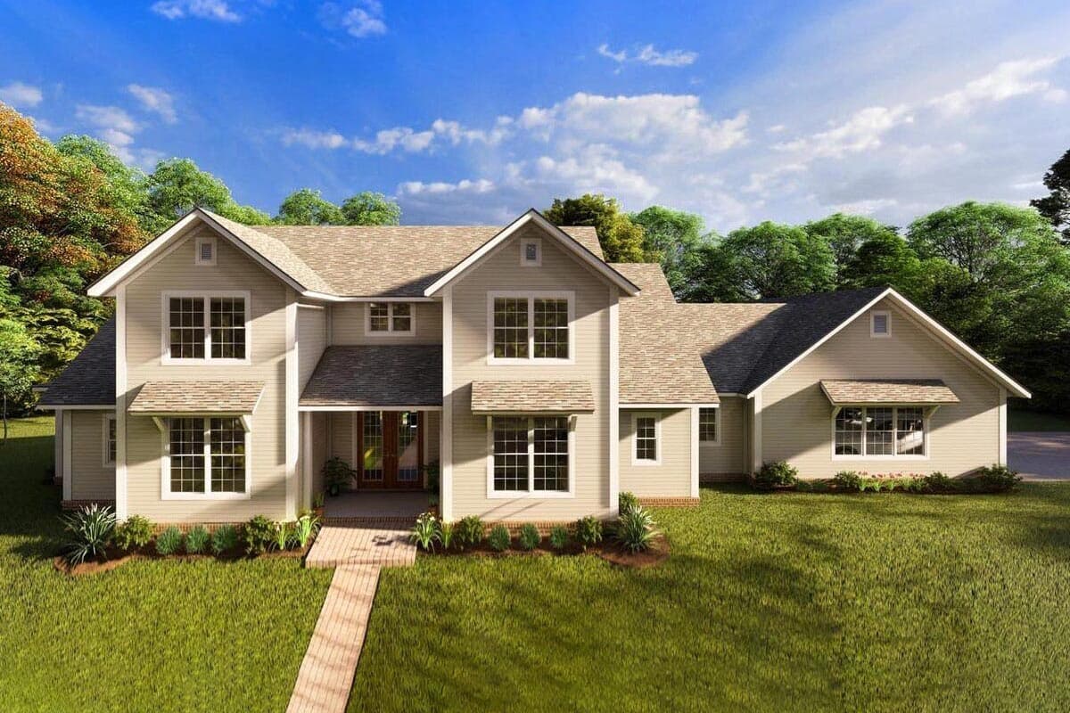 House plan exterior. Two-story home with a gabled roof, dormers, and a covered front porch. Features include symmetrical window placement.