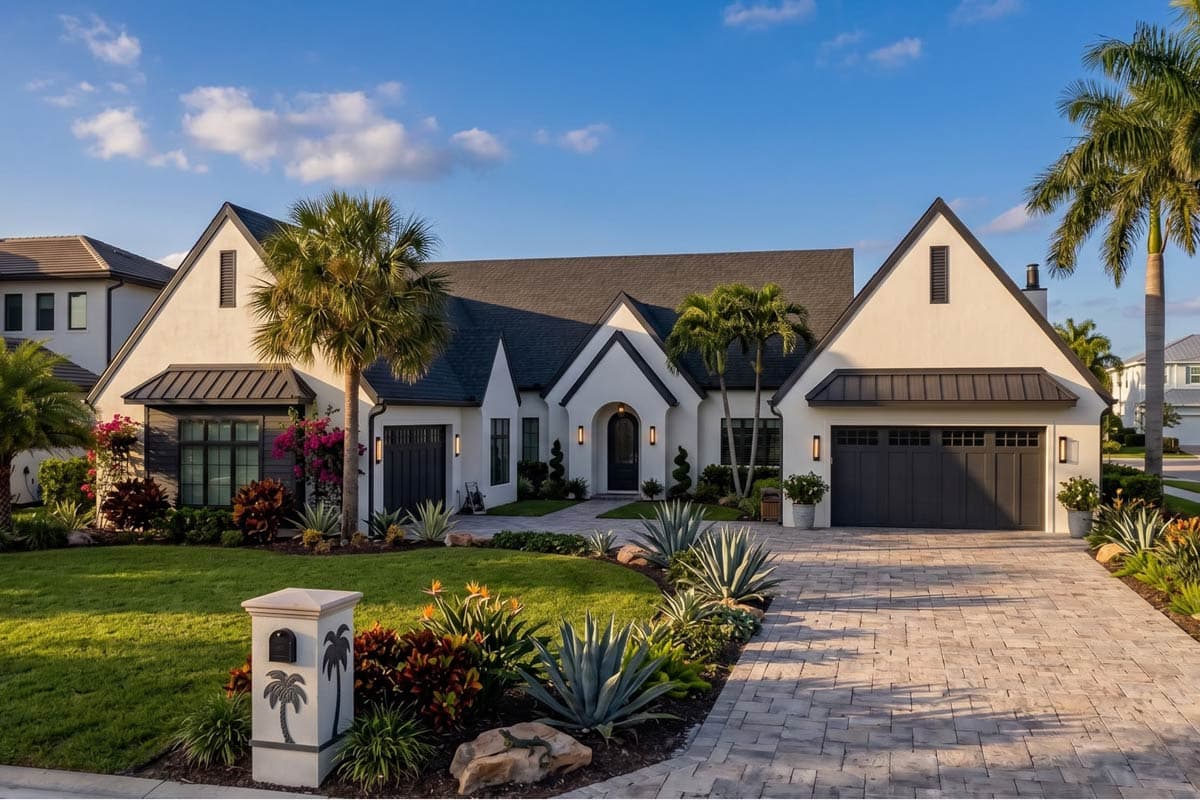 House plan exterior, one-story modern home with gabled dormers, metal roof accents, and a triple-bay garage.