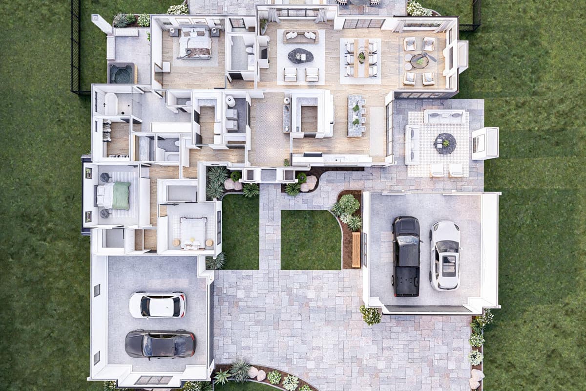 Plan 623248DJ: Single-Story European House Plan with Courtyard and Outdoor Fireplace - Image #26 - Contemporary, European, Transitional, Tudor