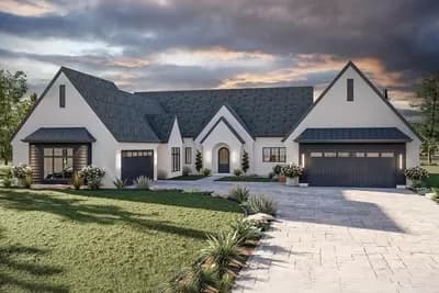 Single-Story European House Plan with Courtyard and Outdoor Fireplace