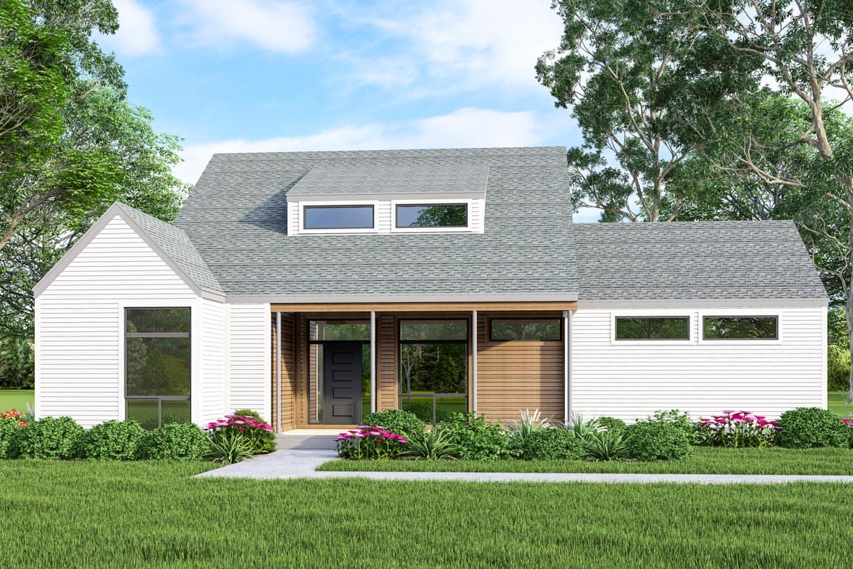 House plan exterior. Modern farmhouse style with dormer, covered porch, and gabled roofline. One story with white siding and wood accents.