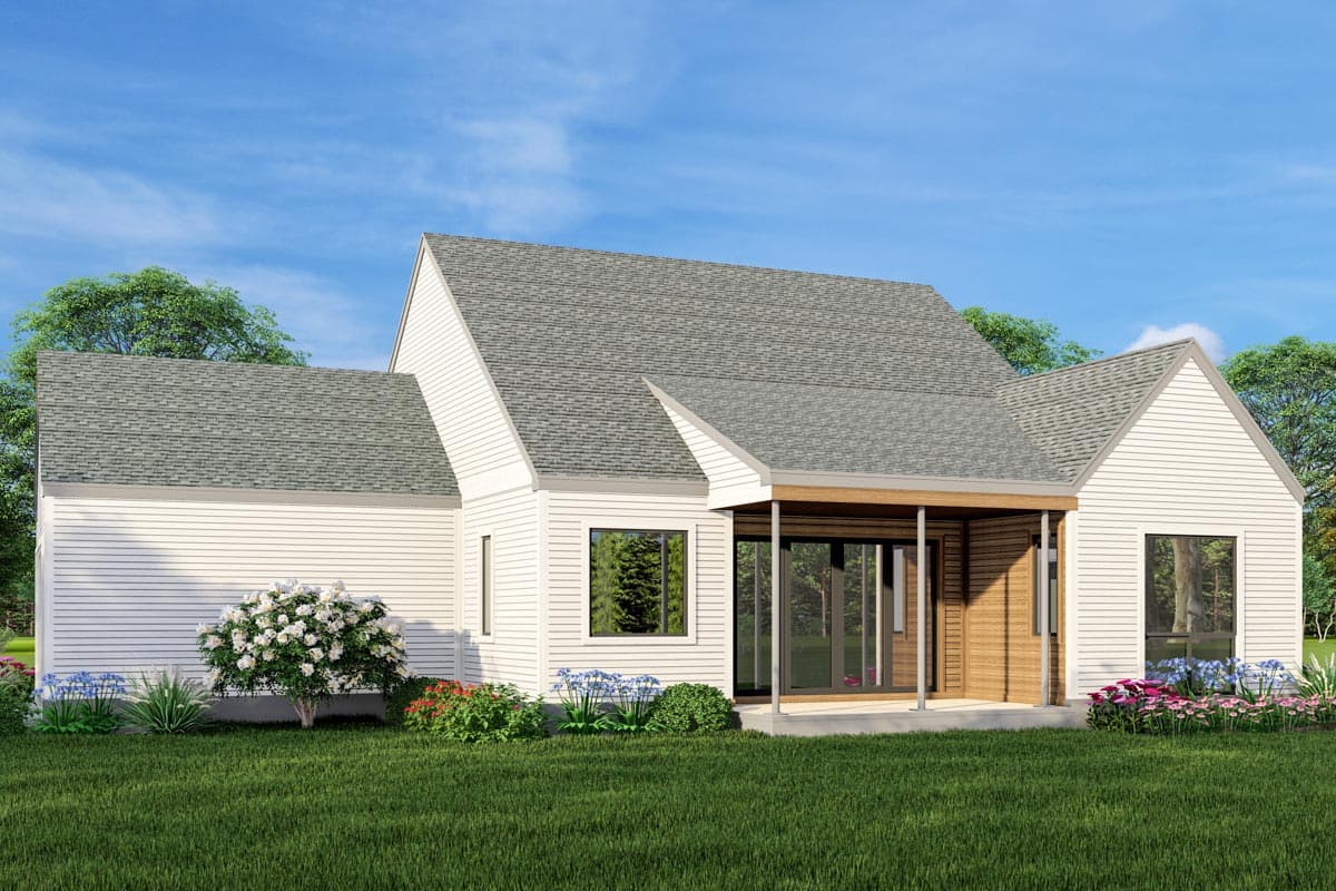 Modern house plan exterior with white horizontal siding, gabled rooflines, and a covered entrance with wood accents.