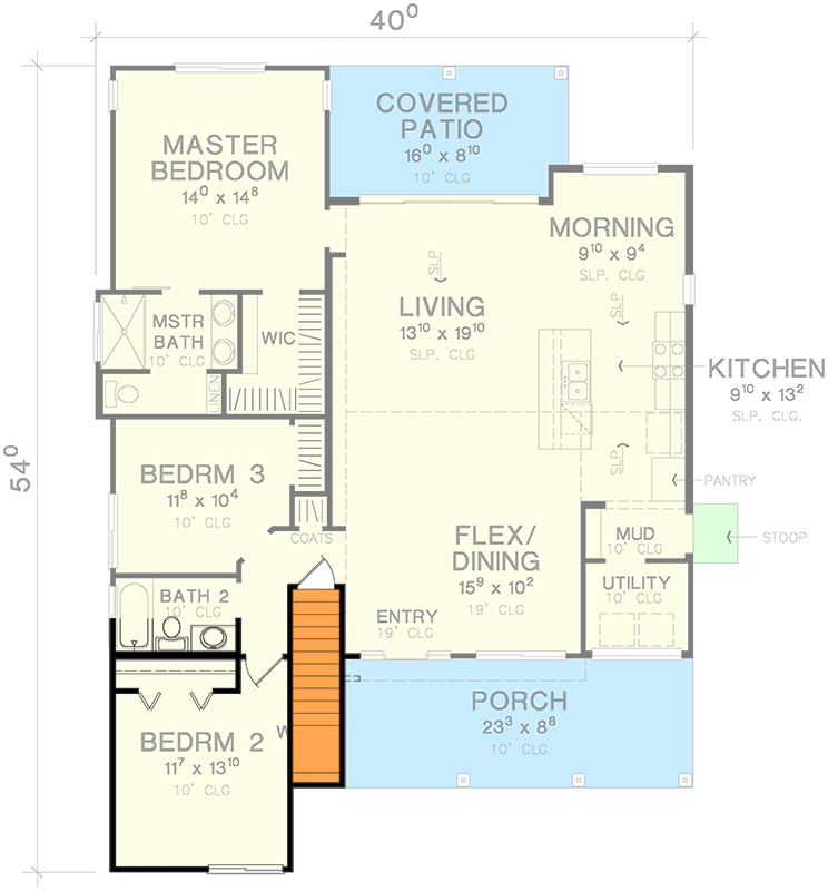 Plan 31216D: Contemporary Cottage with 3 Beds and 2 Baths Under 1600 Square Feet - Floor Plan - Main Level - Basement Stairs Location - Contemporary, Cottage, New American