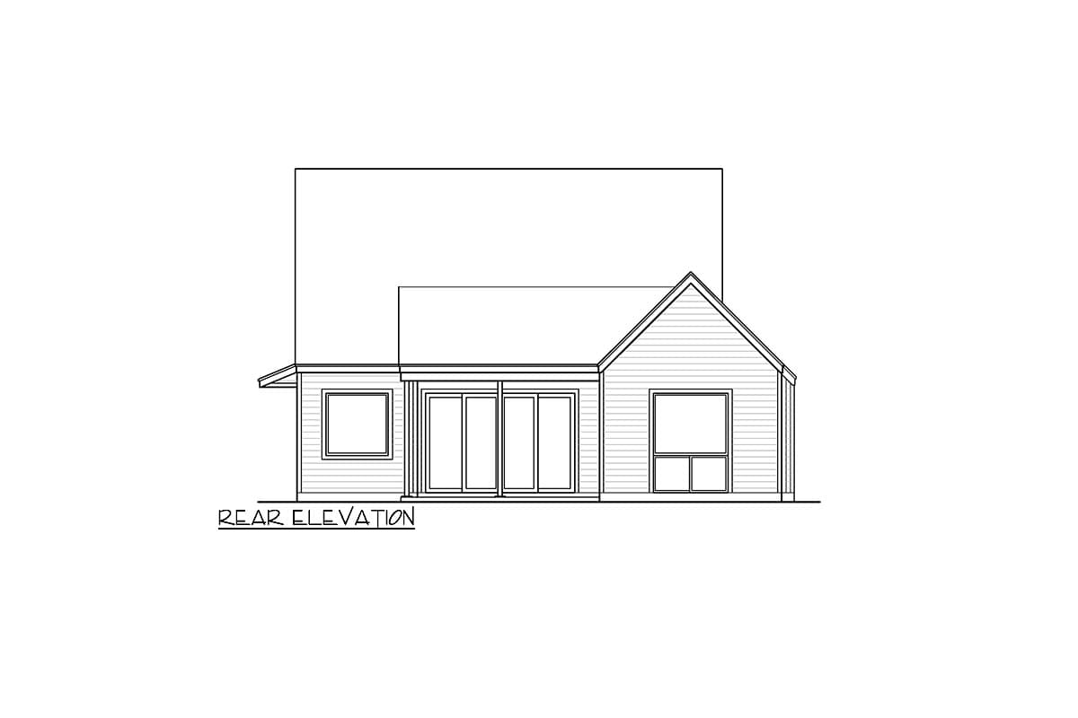 Rear elevation drawing of a house plan with a gable roof, siding, and three windows.