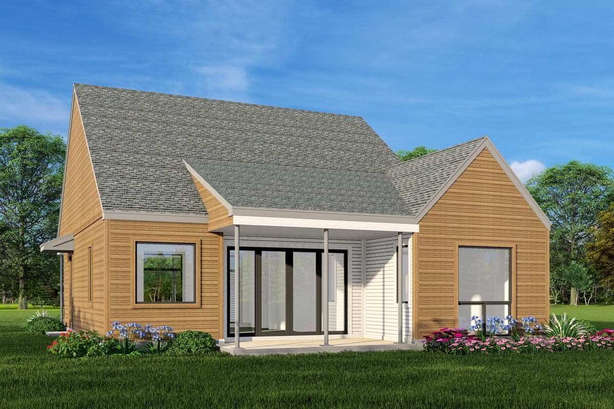 House plan exterior: one-story modern home with wood siding, gabled roof, covered porch, and large windows.