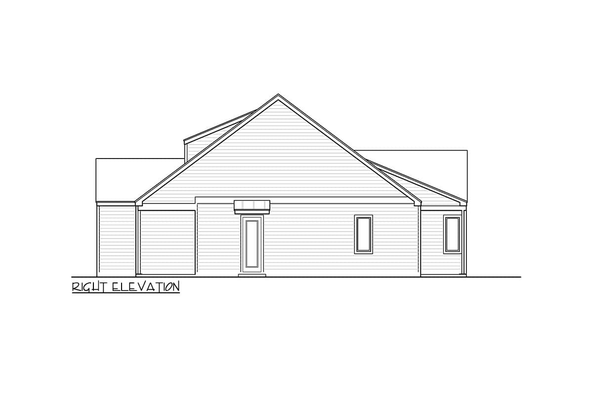 Right elevation drawing of a house plan with a garage, entrance door, and two windows, featuring varied rooflines and horizontal siding.