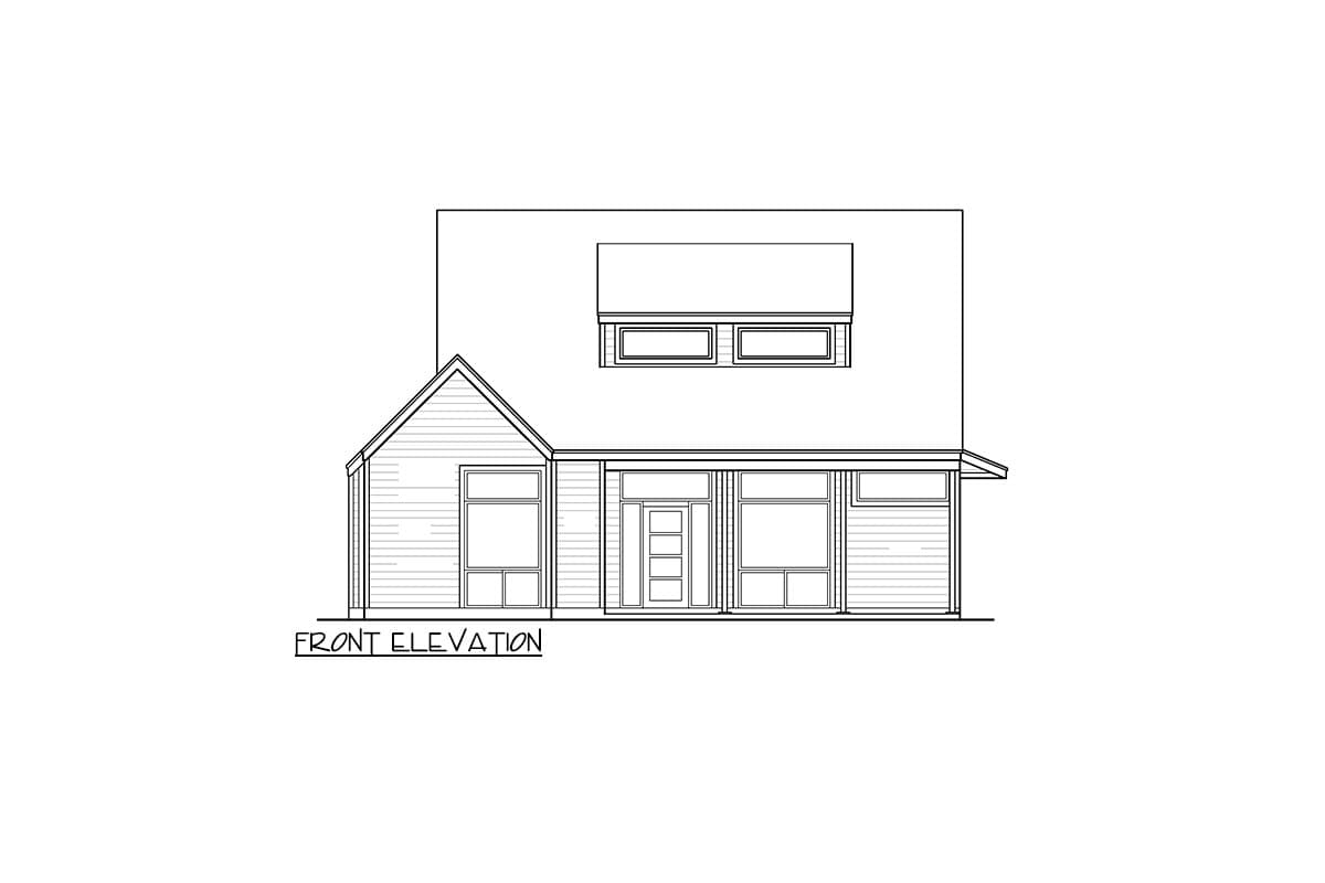 Front elevation drawing of a modern house plan with a gabled roof, covered entry, and multiple windows.